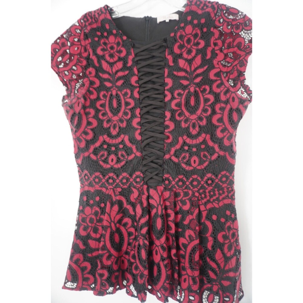 Parker  Women Size S Red/Black Lace Peplum W/Faux Lace-Up Corset Front Boho Top